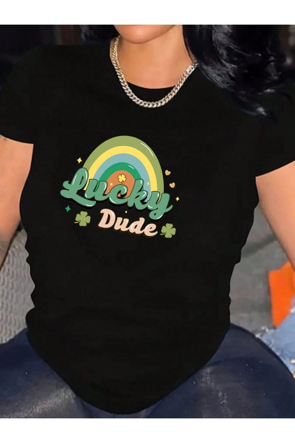 Women's St. Paddy's Lucky Dude Rainbow Saint Patrick's Day Graphic Print Tee Casual Short Sleeve Breathable Shirt