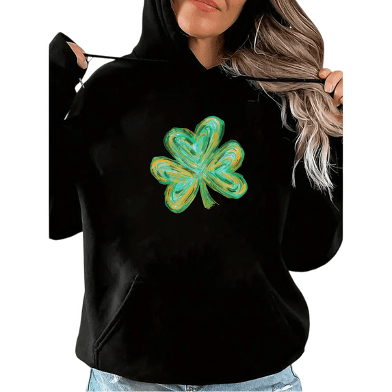 Women's St Patrick Day Brushstroke Green Clover Graphic Breathable Hoodie Casual Hooded long-sleeved Black S-2XL