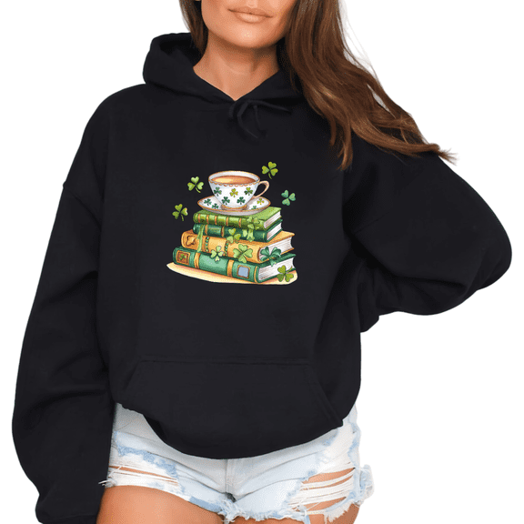 Women's St Patrick Day Clover Book & Tea Graphic Comfortable Hoodie Casual Hooded long-sleeved Black S-2XL