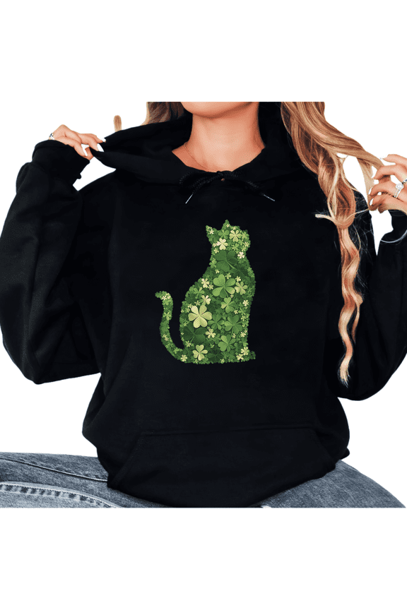 Women's St Patrick Day Clover Cat Silhouette Graphic Comfortable Hoodie Casual Hooded long-sleeved Black S-2XL
