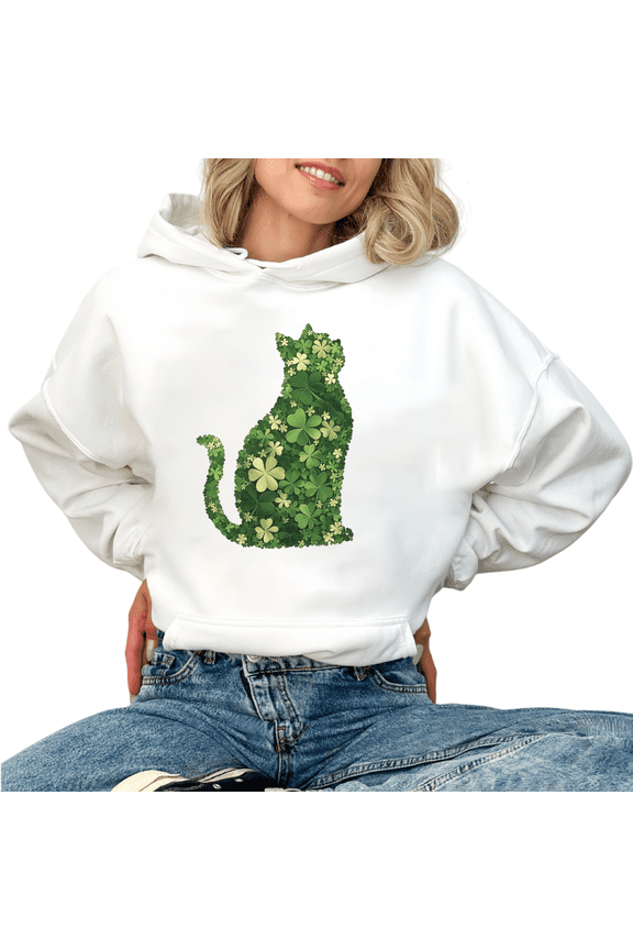 Women's St Patrick Day Clover Cat Silhouette Graphic Comfortable Hoodie Casual Hooded long-sleeved White S-2XL