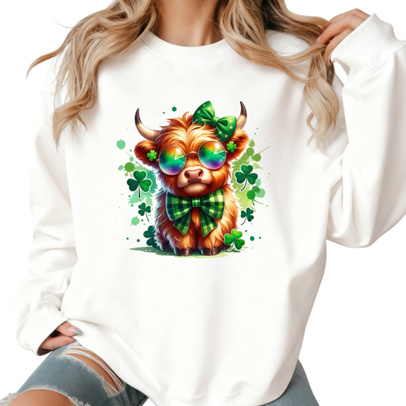 Women's St Patrick Day Clover Highland Cow Graphic Comfortable Sweatshirt Casual Round-neck long-sleeved White S-3XL