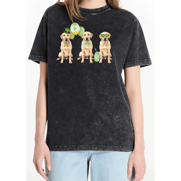Women's St Patrick Day Clover Labrador Graphic Breathable Washed T Shirt Casual Comfortable Black S-2XL Plus Size