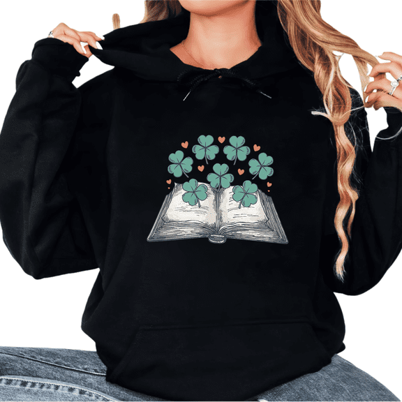 Women's St Patrick Day Clover Open Book Graphic Breathable Hoodie Casual Cotton Hooded long-sleeved Black S-2XL