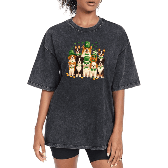 Women's St Patrick Day Clover Puppy Group Graphic Cotton Washed T Shirt Casual Comfortable Black S-2XL Plus Size