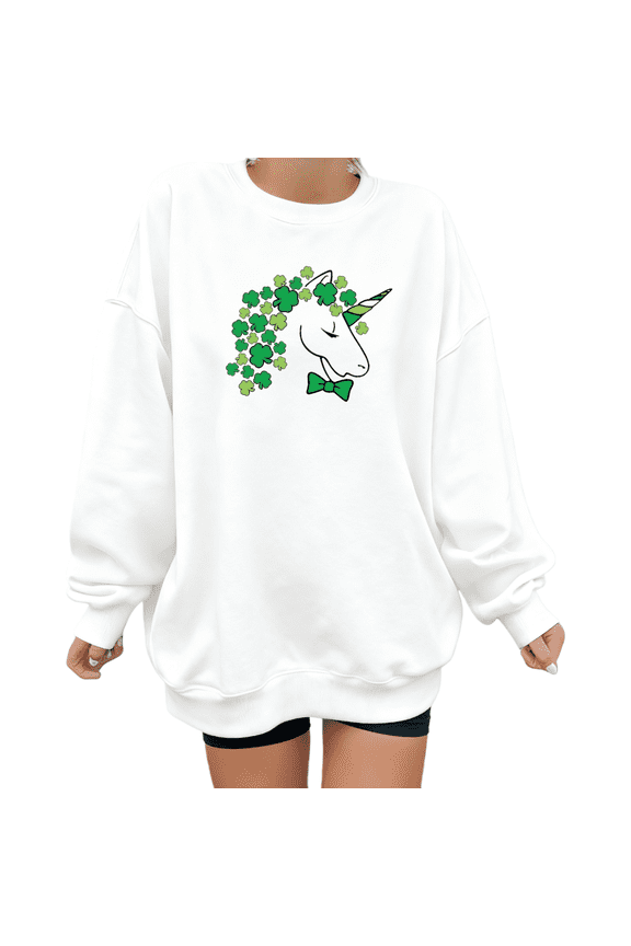 Women's St Patrick Day Clover Unicorn Bow Graphic Comfortable Sweatshirt Casual Round-neck long-sleeved White S-3XL