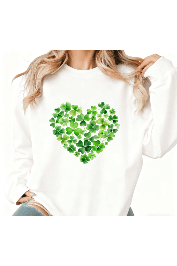Women's St Patrick Day Gradient Heart Clover Graphic Comfortable Sweatshirt Casual Round-neck long-sleeved White S-3XL