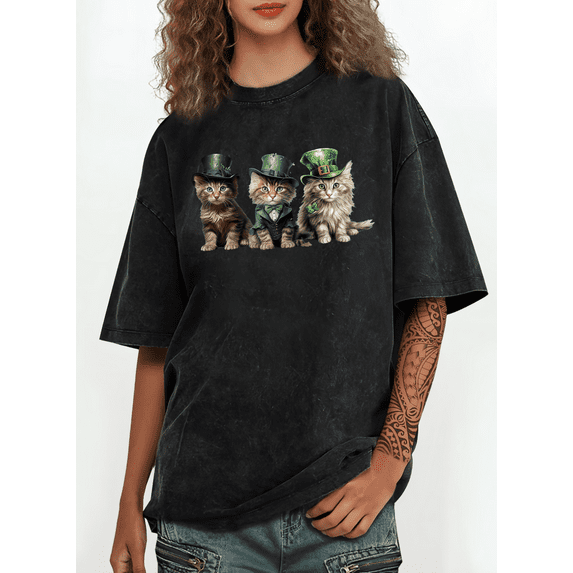Women's St Patrick Day Green Hat Kitten Graphic Cotton Washed T Shirt Casual Comfortable Black S-2XL Plus Size