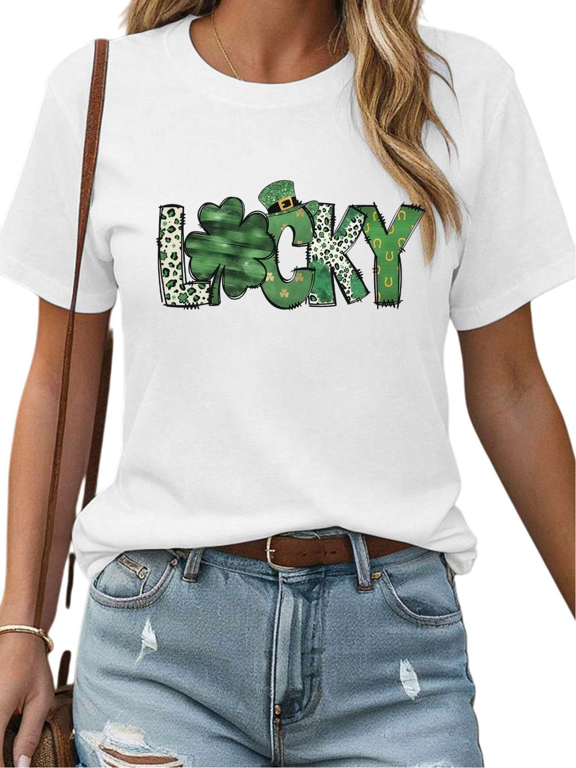 Women's St Patrick Day Green Patterned Lucky Clover Graphic Breathable T Shirt Casual Short Sleeve Round Neck Top White S-5XL