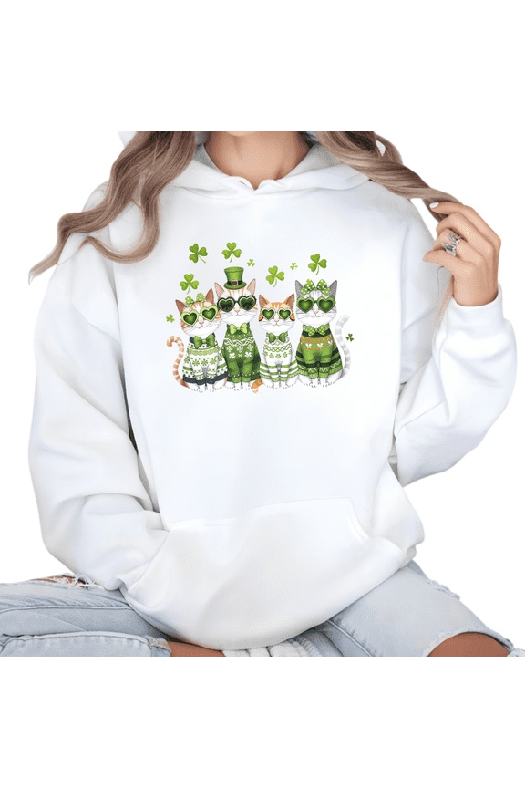 Women's St Patrick Day Irish Pattern Cat Clover Graphic Comfortable Hoodie Casual Hooded long-sleeved White S-2XL