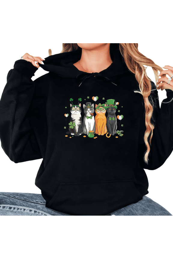 Women's St Patrick Day Leprechaun Cat Group Clover Graphic Breathable Hoodie Casual Hooded long-sleeved Black S-2XL