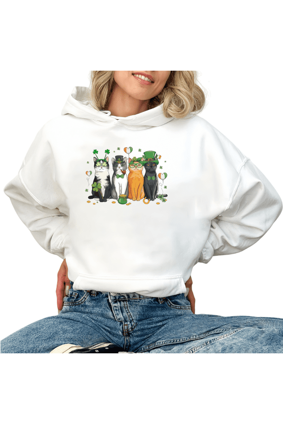 Women's St Patrick Day Leprechaun Cat Group Clover Graphic Breathable Hoodie Casual Hooded long-sleeved White S-2XL