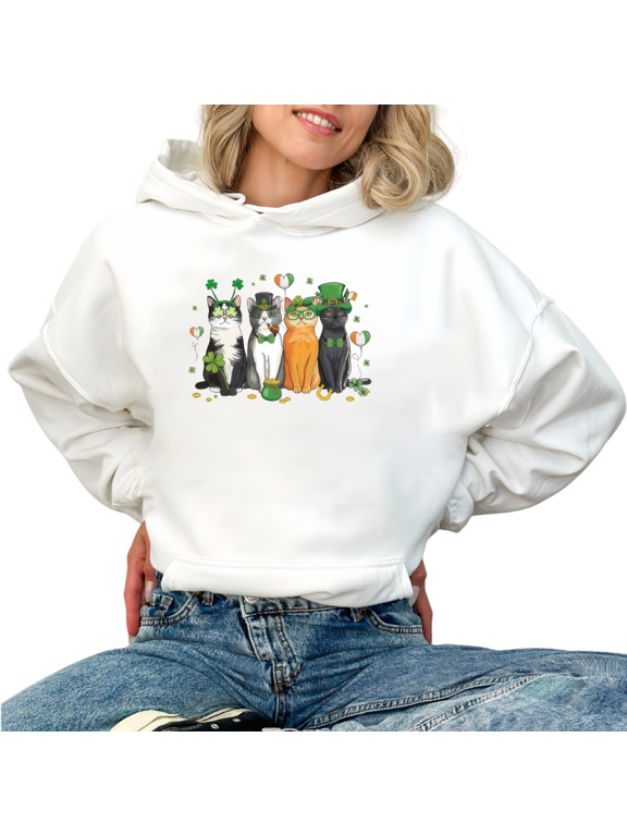 Women's St Patrick Day Leprechaun Cat Group Clover Graphic Breathable Hoodie Casual Hooded long-sleeved White S-2XL