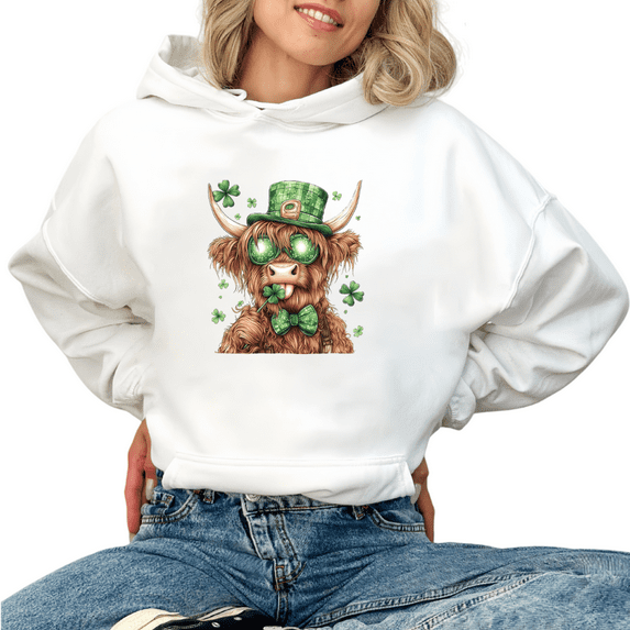 Women's St Patrick Day Leprechaun Cow Clover Graphic Comfortable Hoodie Casual Hooded long-sleeved White S-2XL