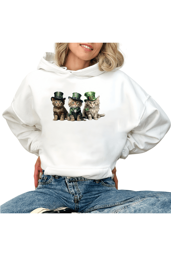 Women's St Patrick Day Leprechaun Kitten Clover Graphic Breathable Hoodie Casual Hooded long-sleeved White S-2XL