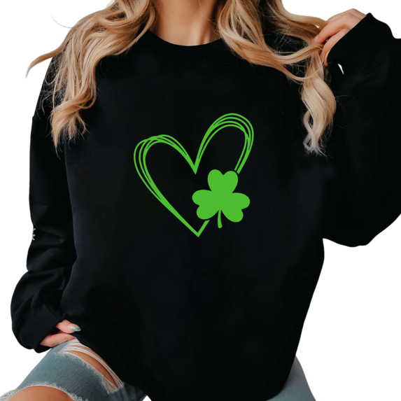 Women's St Patrick Day Neon Green Heart Clover Graphic Breathable Sweatshirt Casual Round-neck long-sleeved Black S-3XL