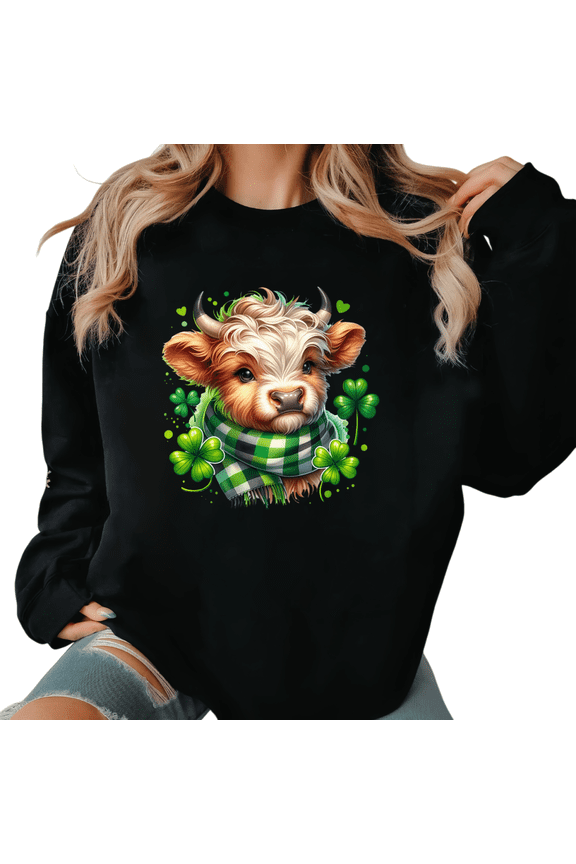 Women's St Patrick Day Plaid Scarf Clover Calf Graphic Comfortable Sweatshirt Casual Round-neck long-sleeved Black S-3XL