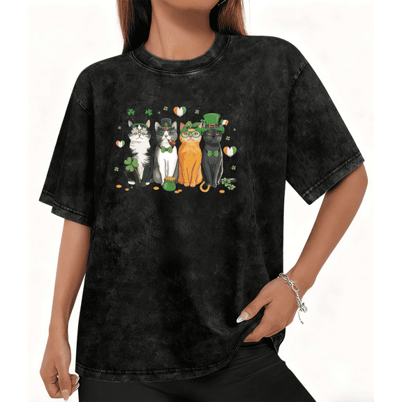 Women's St Patrick Day Pot Of Gold Cat Graphic Cotton Washed T Shirt Casual Comfortable Black S-2XL Plus Size