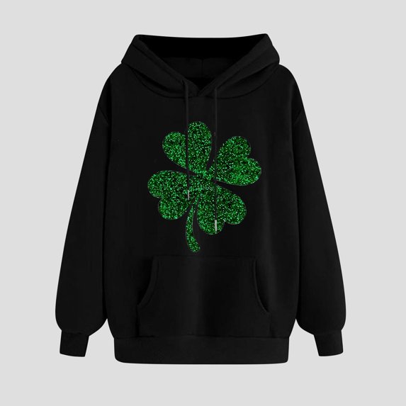 Women's St. Patrick'S Day Hoodie Loose Long Sleeve Pullover Clover Print Casual Irish With Pocket Black S