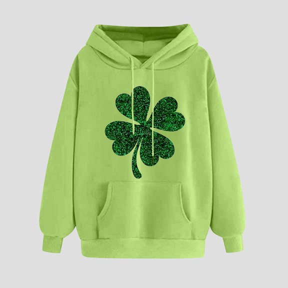 Women's St. Patrick'S Day Hoodie Loose Long Sleeve Pullover Clover Print Casual Irish With Pocket Green S