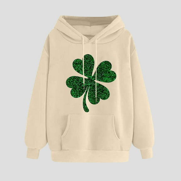 Women's St. Patrick'S Day Hoodie Loose Long Sleeve Pullover Clover Print Casual Irish With Pocket Khaki M