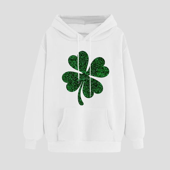 Women's St. Patrick'S Day Hoodie Loose Long Sleeve Pullover Clover Print Casual Irish With Pocket White XXL