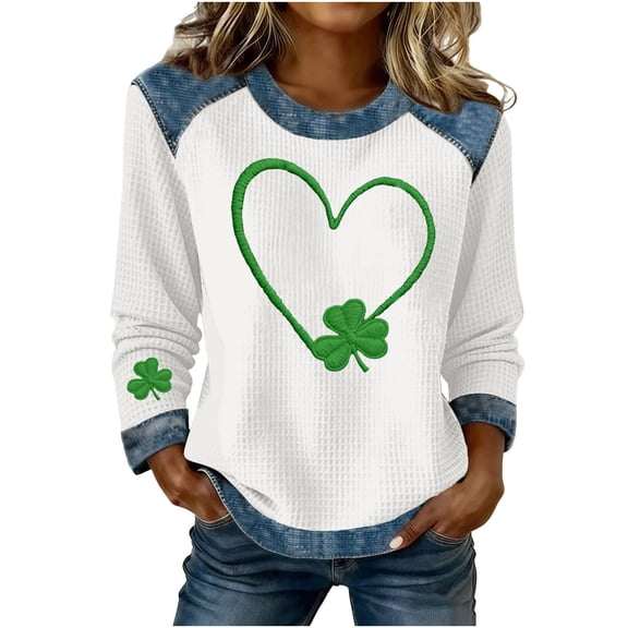 Women's St. Patrick's Day Art Print Patchwork Sweatshirt Shamrock Heart Shirt