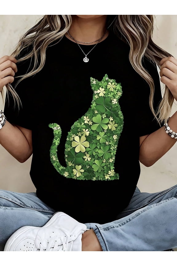 Women's St. Patrick's Day Cat Shamrock Graphic T-Shirt Lucky Clover Black Short Sleeve Tee