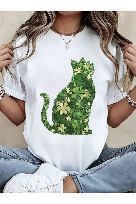 Women's St. Patrick's Day Cat Shamrock Graphic T-Shirt, Lucky Green Clover Silhouette Short Sleeve Casual Tee