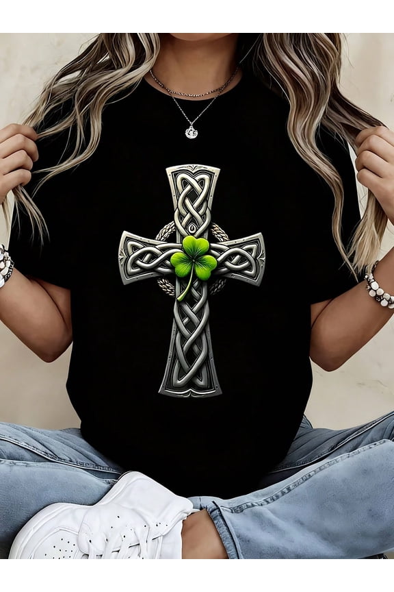 Women's St. Patrick's Day Celtic Cross Shamrock Graphic T-Shirt, Casual Short Sleeve Black Tee