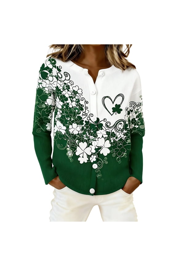 Women's St Patrick's Day Cute Cropped Cardigan Long Sleeve Button Down Shamrock Sweater