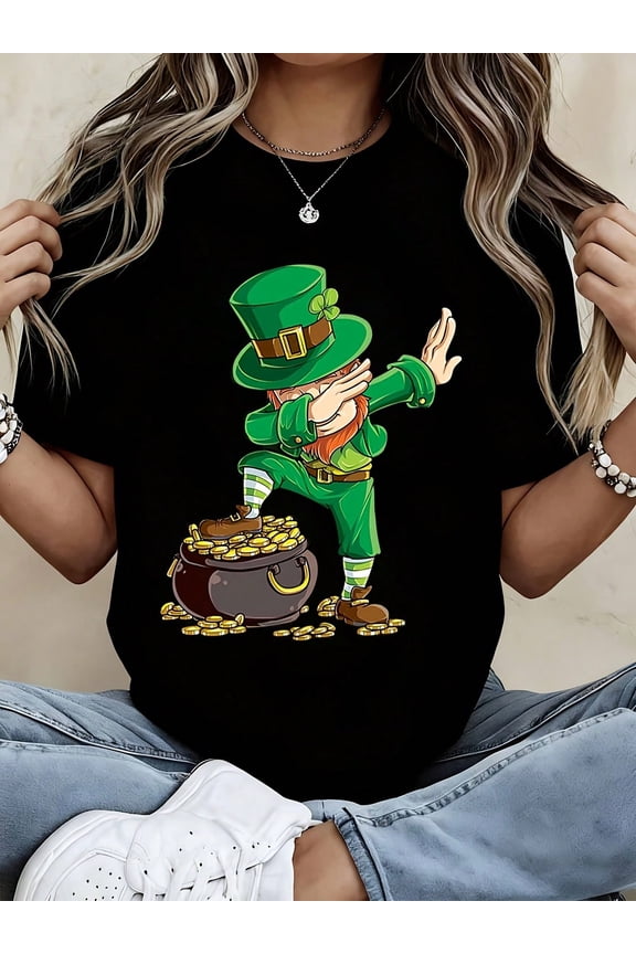 Women's St. Patrick's Day Dabbing Leprechaun Graphic T-Shirt, Lucky Pot of Gold Clover Black Tee