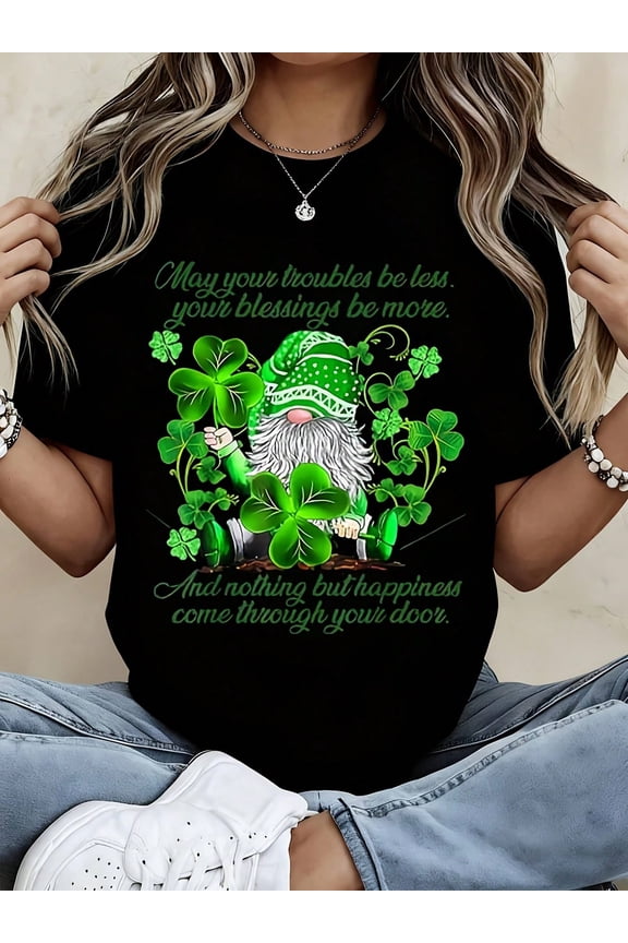 Women's St. Patrick's Day Gnome Graphic T-Shirt, Lucky Shamrock Irish Blessing Short Sleeve Tee