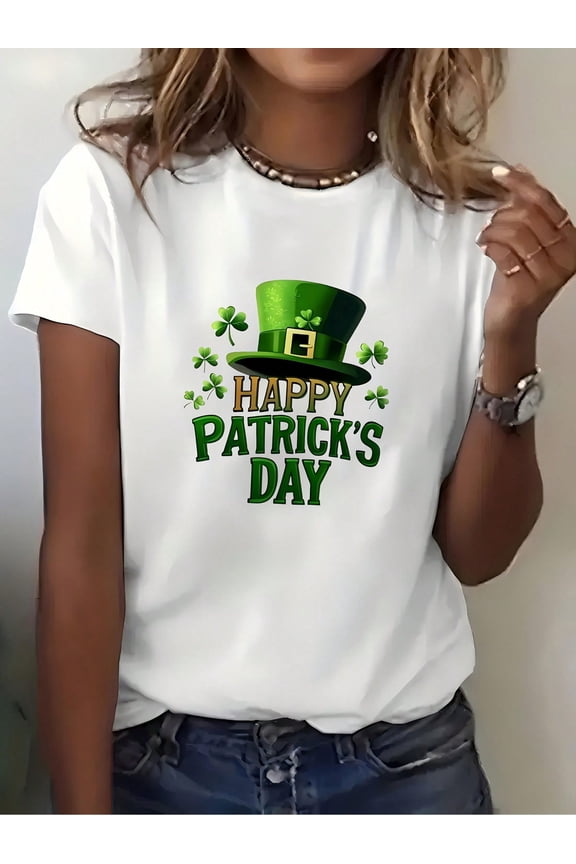 Women's St. Patrick's Day Graphic T-Shirt, Short Sleeve Lucky Shamrock Leprechaun Hat Holiday Tee, White