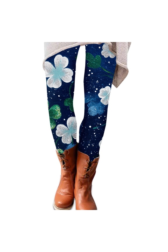Women's St Patrick's Day Leggings Starlight Blue and Four-Leaf Clover Yoga Pants Soft Stretch Casual Workout Loungewear Leggings for Women Blue S