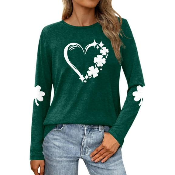 Women's St. Patrick's Day Long Sleeve T Shirt Heart Shaped Four Leaf Print, Comfortable Polyester, for Festive Celebrations, Multiple Sizes