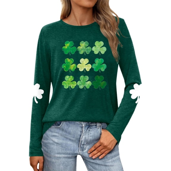 Women's St. Patrick's Day Long Sleeve T Shirt Heart Shaped Four Leaf Print, Comfortable Polyester, for Festive Celebrations, Multiple Sizes