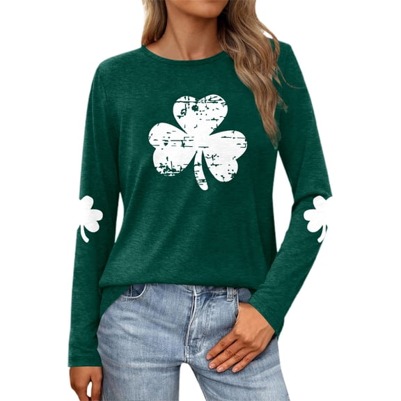 Women's St. Patrick's Day Long Sleeve T Shirt Heart Shaped Four Leaf Print, Comfortable Polyester, for Festive Celebrations, Multiple Sizes