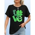 thumbnail image 1 of Women's St. Patrick's Day Love Clover T-Shirt - Casual Black Tee with Neon Green Shamrock Print, Short Sleeve, Round Neck, 1 of 5