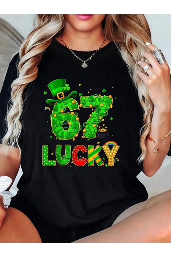 Women's St. Patrick's Day Lucky 67 T-Shirt Shamrock Leprechaun Hat Graphic Tee Black