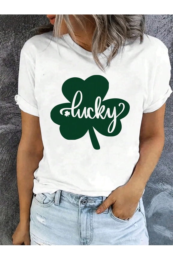 Women's St. Patrick's Day Lucky Shamrock Graphic T-Shirt, Casual Short Sleeve White Top