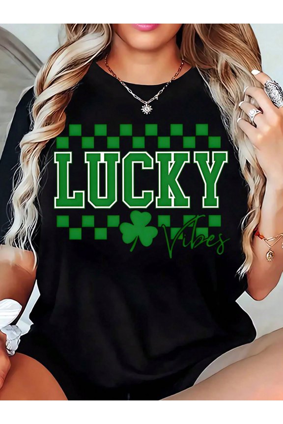 Women's St. Patrick's Day Lucky Vibes T-Shirt Black Short Sleeve Shamrock Graphic Tee