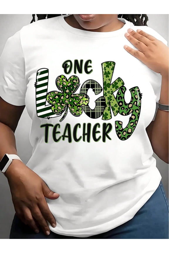 Women's St. Patrick's Day One Lucky Teacher T-Shirt, Shamrock Leopard Print Short Sleeve Graphic Tee