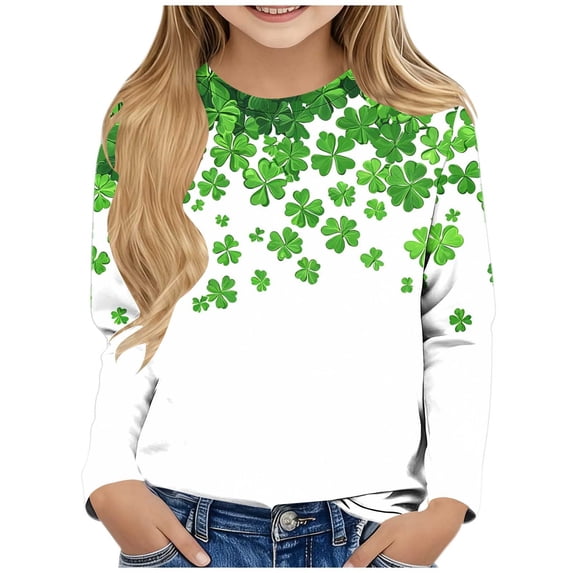 St Patrick's Day Print Long Sleeve Top, Hawaiian Shamrock Pattern Casual Shirt, Loose Fit Crewneck Pullover for Ages 6-14, Fun Festive Holiday Gifts