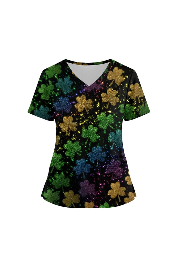 Women's St. Patrick's Day Scrub Top Shamrock Printed Plus Size Scrubs Short Sleeve V-Neck Working Uniform St. Patrick's Day Soft Stretchy Holiday Scrub T Shirts
