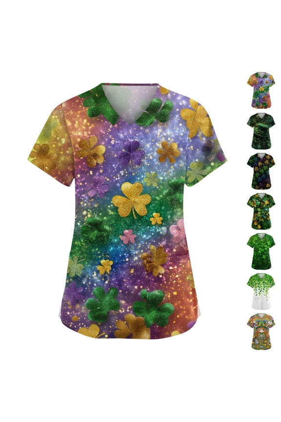 Women's St Patrick's Day Scrub Tops Short Sleeve V Neck Printed Workwear Top Shamrock Casual Uniform with Pocket 2026 Dark Green M