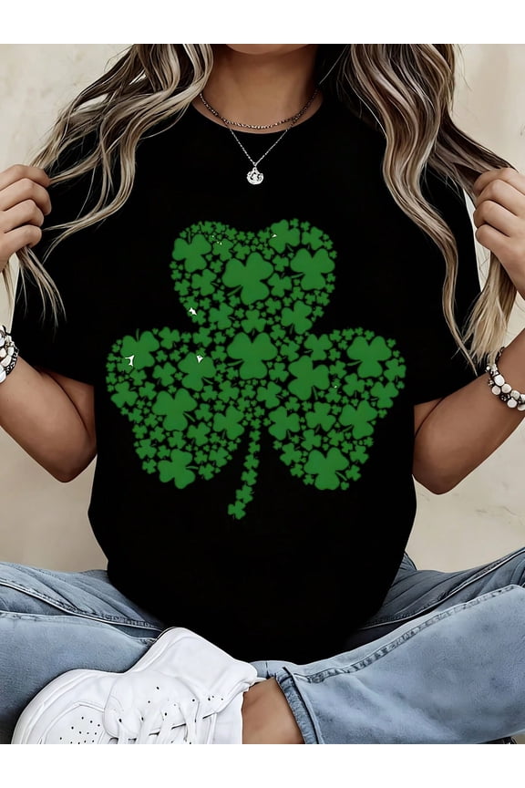 Women's St. Patrick's Day Shamrock Graphic T-Shirt, Short Sleeve Casual Holiday Top, Black