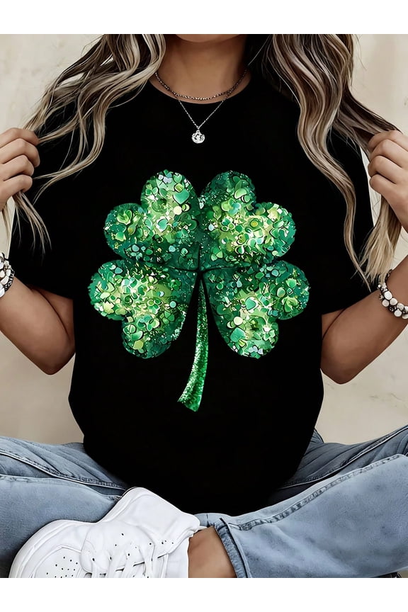 Women's St. Patrick's Day Shamrock T-Shirt - Lucky Four Leaf Clover Graphic Black Short Sleeve Tee