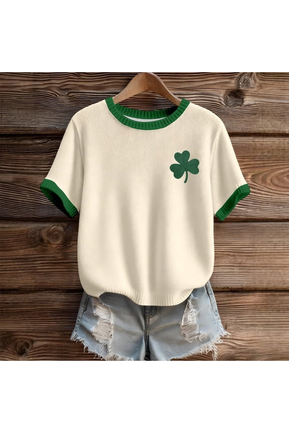 Women's St. Patrick's Day Shirt, Dachshund and Shamrock Animal Print Knitted Ribbed Short Sleeve T-Shirt, Casual Crewneck Tee Top for Holiday, Dachshund Clothes(StyleI,Beige,L)