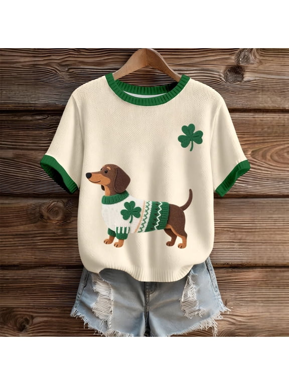 Women's St. Patrick's Day Shirt, Dachshund and Shamrock Animal Print Knitted Ribbed Short Sleeve T-Shirt, Casual Crewneck Tee Top for Holiday, Dachshund Clothes(StyleA,Beige,M)